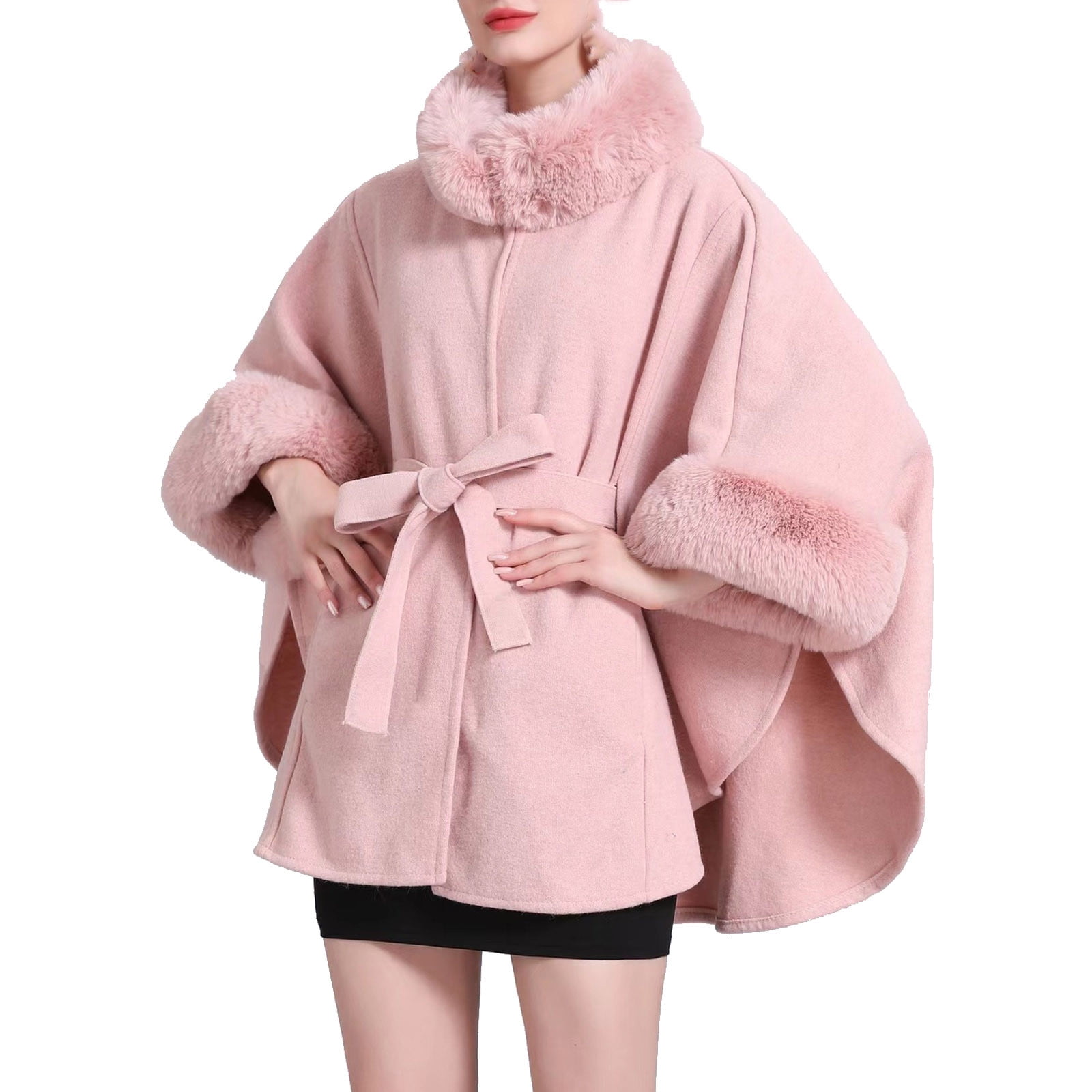 Xfvqtps Women Cape Faux Fur Collar Cloak with Belt Solid Color ...