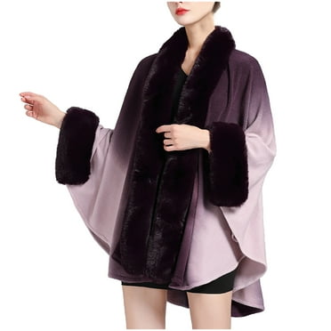 Xfvqtps Women Cape Faux Fur Collar and Cuff Cloak Gradient Color Open Front Loose Large Size Thickened Windproof Coldproof Warm Winter Long Coat Purple