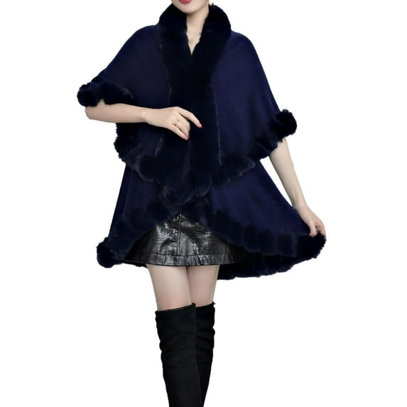 Xfvqtps Women Cape Faux Fur Collar and Cuff Plush Hem Cloak Double Layer Open Front Solid Color Large Size Loose Thickened Windproof Coldproof Warm Winter Long Coat Navy