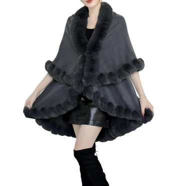 Xfvqtps Women Cape Faux Fur Collar and Cuff Plush Hem Cloak Double Layer Open Front Solid Color Large Size Loose Thickened Windproof Coldproof Warm Winter Long Coat Gray