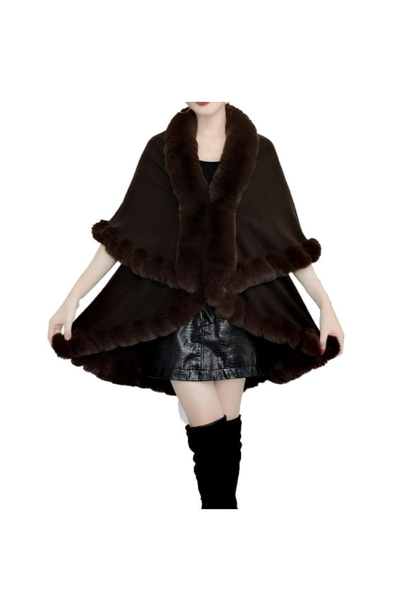 Women Cape Faux Fur Collar and Cuff Plush Hem Cloak Double Layer Open Front Solid Color Large Size Loose Thickened Windproof Coldproof Warm Winter Long Coat Coffee