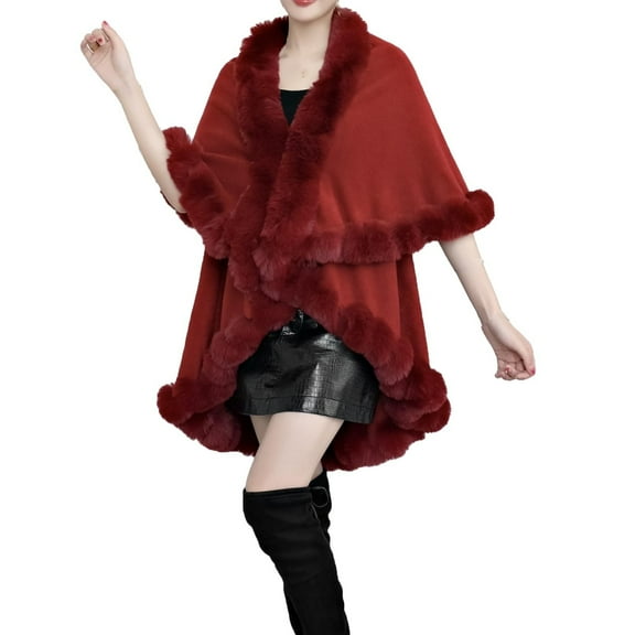 Xfvqtps Women Cape Faux Fur Collar and Cuff Plush Hem Cloak Double Layer Open Front Solid Color Large Size Loose Thickened Windproof Coldproof Warm Winter Long Coat Wine