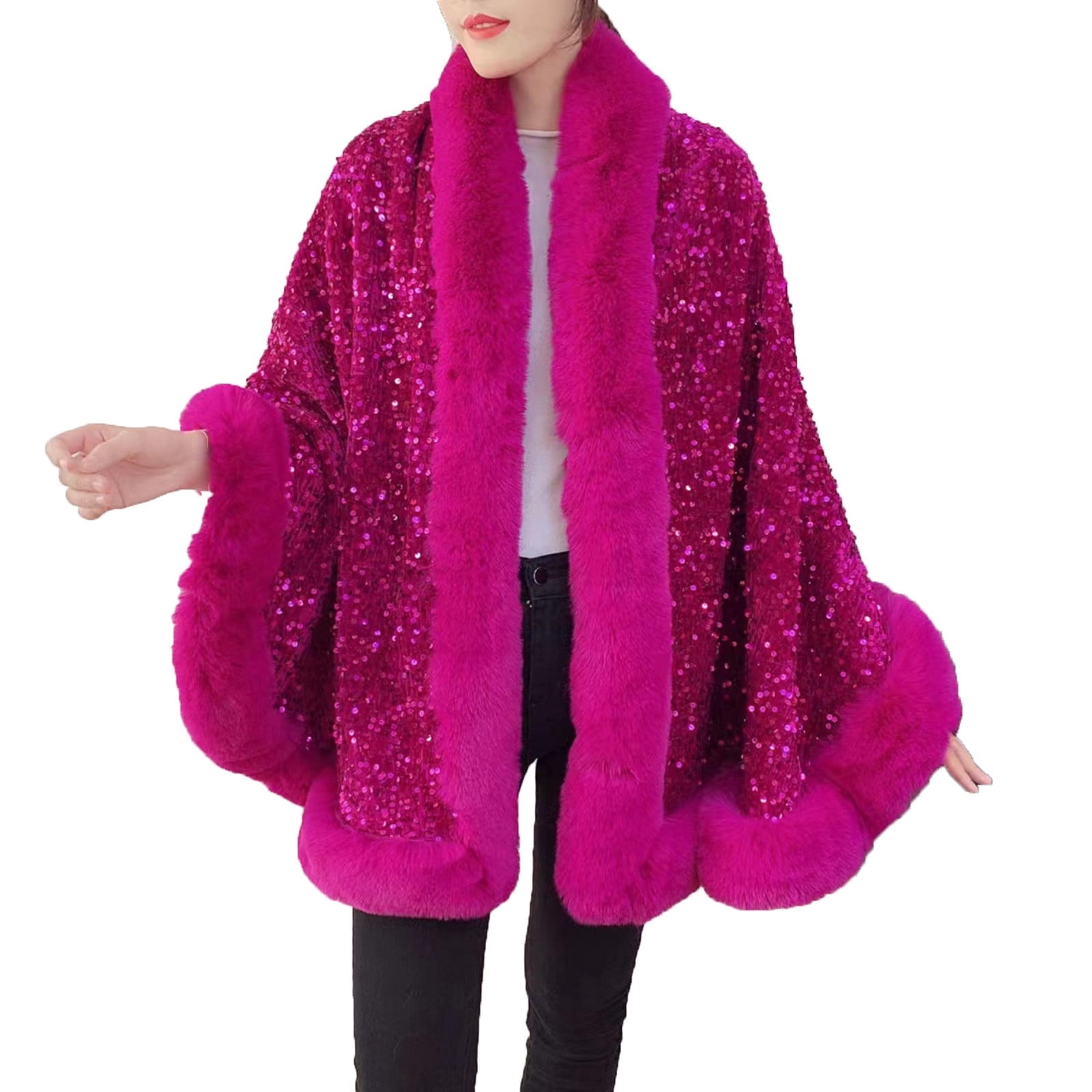 Xfvqtps Women Cape Faux Fur Collar and Cuff Plush Hem Cloak Sequin ...