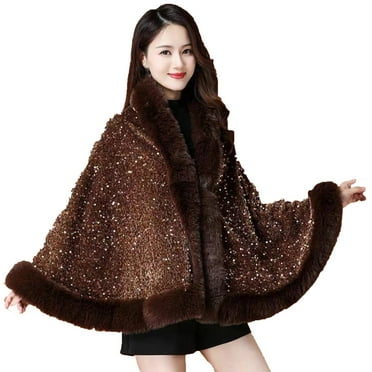 Xfvqtps Women Cape Faux Fur Collar and Cuff Plush Hem Cloak Sequin Blingbling Open Front Solid Color Large Size Loose Thickened Windproof Coldproof Warm Winter Long Coat Coffee
