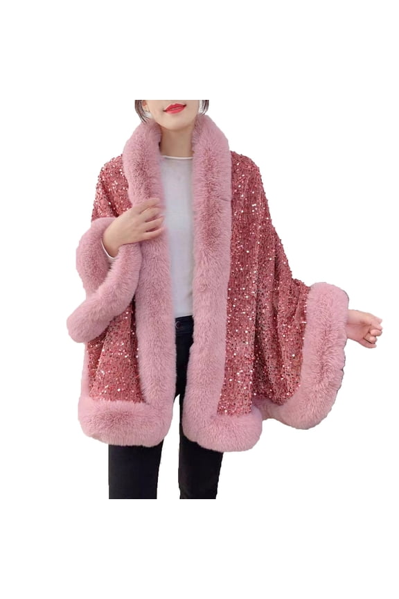 Women Cape Faux Fur Collar and Cuff Plush Hem Cloak Sequin Blingbling Open Front Solid Color Large Size Loose Thickened Windproof Coldproof Warm Winter Long Coat Pink