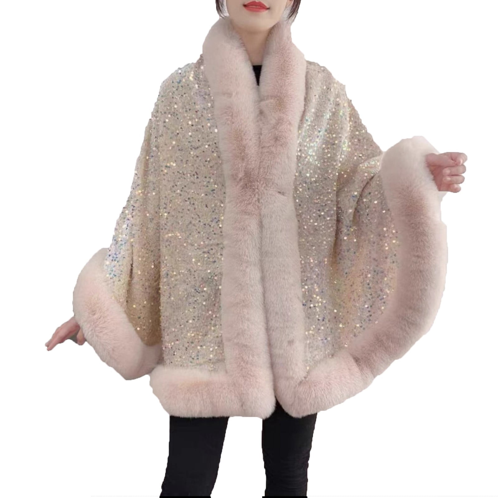 Xfvqtps Women Cape Faux Fur Collar and Cuff Plush Hem Cloak Sequin ...