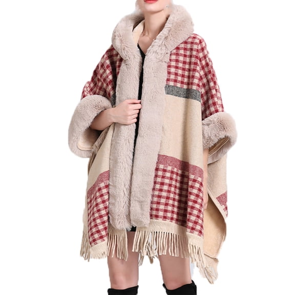 Xfvqtps Women Cape Faux Fur Collar and Cuff Tassel Hem Cloak Open Front Grid Print Plaid Large Size Loose Thickened Windproof Coldproof Warm Winter Long Coat Red