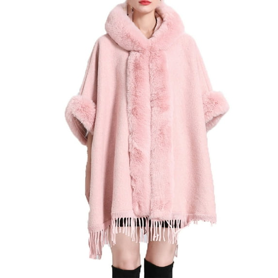 Xfvqtps Women Cape Faux Fur Collar and Cuff Tassel Hem Cloak Open Front Solid Color Large Size Loose Thickened Windproof Coldproof Warm Winter Long Coat Pink