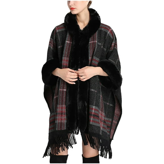Xfvqtps Women Cape Faux Fur Collar and Cuff Tassel Hem Cloak Plaid Open Front Loose Large Size Thickened Windproof Coldproof Warm Winter Long Coat Black