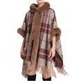 thumbnail image 1 of Xfvqtps Women Cape Faux Fur Collar and Cuff Tassel Hem Cloak Plaid Open Front Loose Large Size Thickened Windproof Coldproof Warm Winter Long Coat Khaki, 1 of 7
