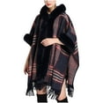 thumbnail image 1 of Xfvqtps Women Cape Faux Fur Collar and Cuff Tassel Hem Cloak Plaid Open Front Loose Large Size Thickened Windproof Coldproof Warm Winter Long Coat Navy, 1 of 7