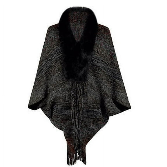 Xfvqtps Women Cape Faux Fur Collar Fringed Hem Colorful Striped Crochet Open Front Loose Windproof Coldproof Warm Winter Long Coat Black