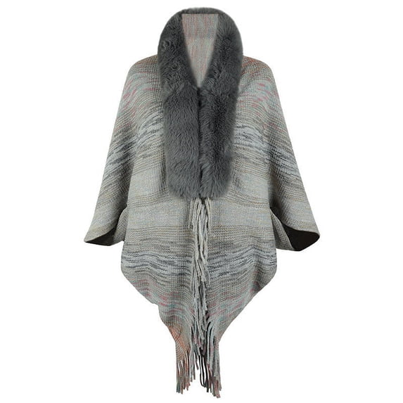 Xfvqtps Women Cape Faux Fur Collar Fringed Hem Colorful Striped Crochet Open Front Loose Windproof Coldproof Warm Winter Long Coat Gray