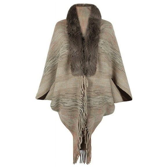 Xfvqtps Women Cape Faux Fur Collar Fringed Hem Colorful Striped Crochet Open Front Loose Windproof Coldproof Warm Winter Long Coat Khaki