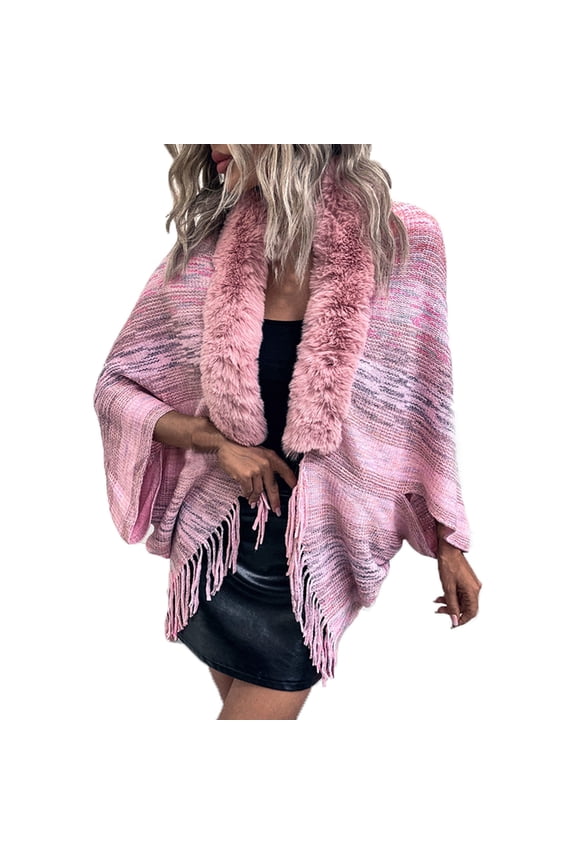 Women Cape Faux Fur Collar Fringed Hem Colorful Striped Crochet Open Front Loose Windproof Coldproof Warm Winter Long Coat Pink