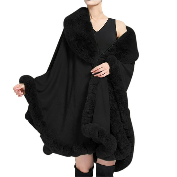 Xfvqtps Women Cape Faux Fur Collar Plush Edge Cloak Open Front Solid Color Large Size Loose Thickened Windproof Coldproof Warm Winter Long Coat Black