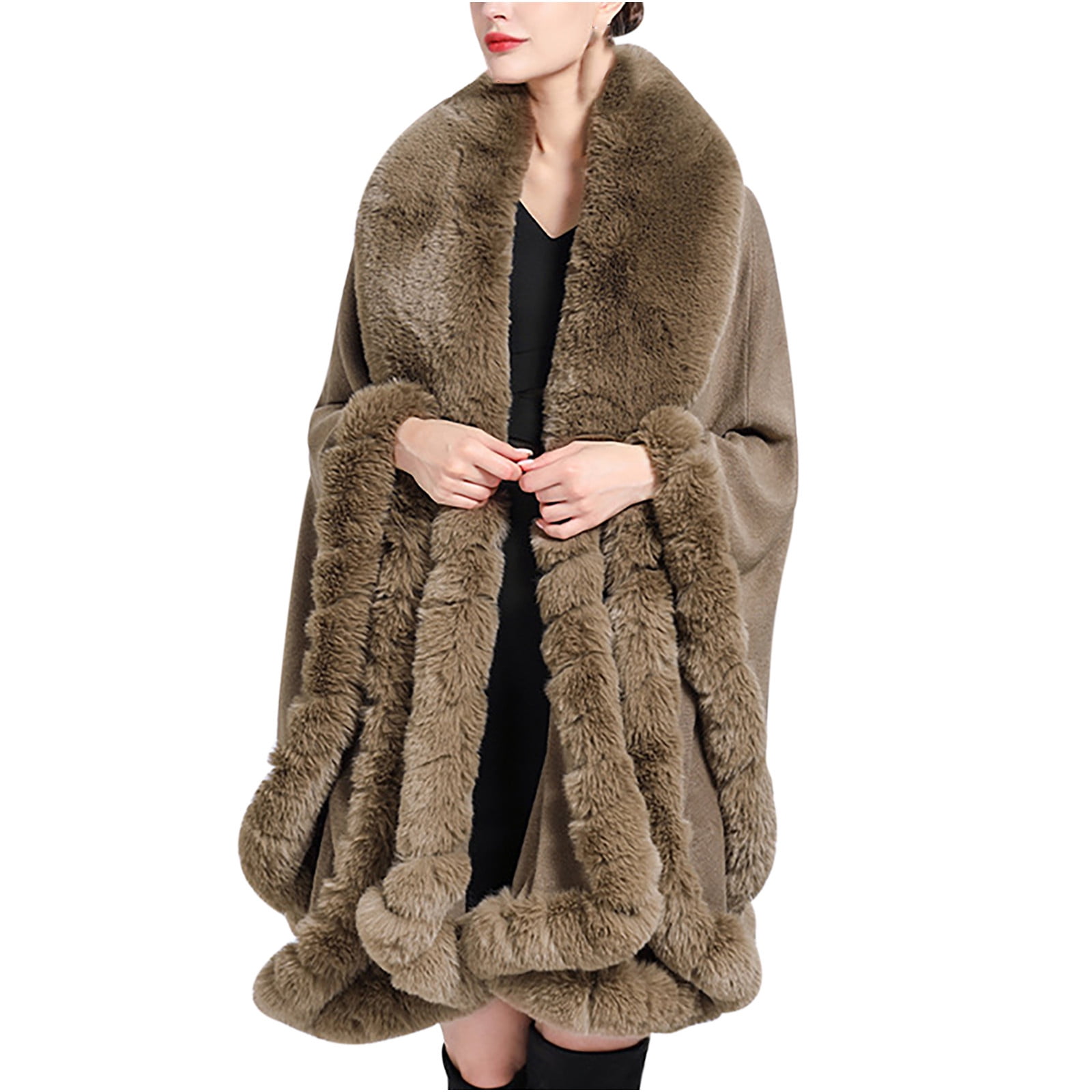 Xfvqtps Women Cape Faux Fur Collar Plush Edge Cloak Open Front