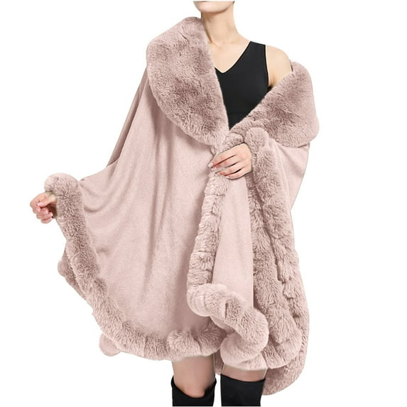 Xfvqtps Women Cape Faux Fur Collar Plush Edge Cloak Open Front Solid Color Large Size Loose Thickened Windproof Coldproof Warm Winter Long Coat Pink