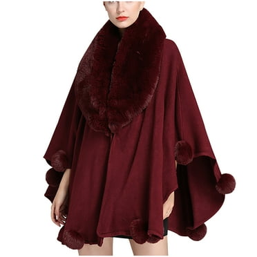 Xfvqtps Women Cape Faux Fur Collar Plush Pompom Hem Cloak Open Front Solid Color Large Size Loose Thickened Windproof Coldproof Warm Winter Long Coat Wine