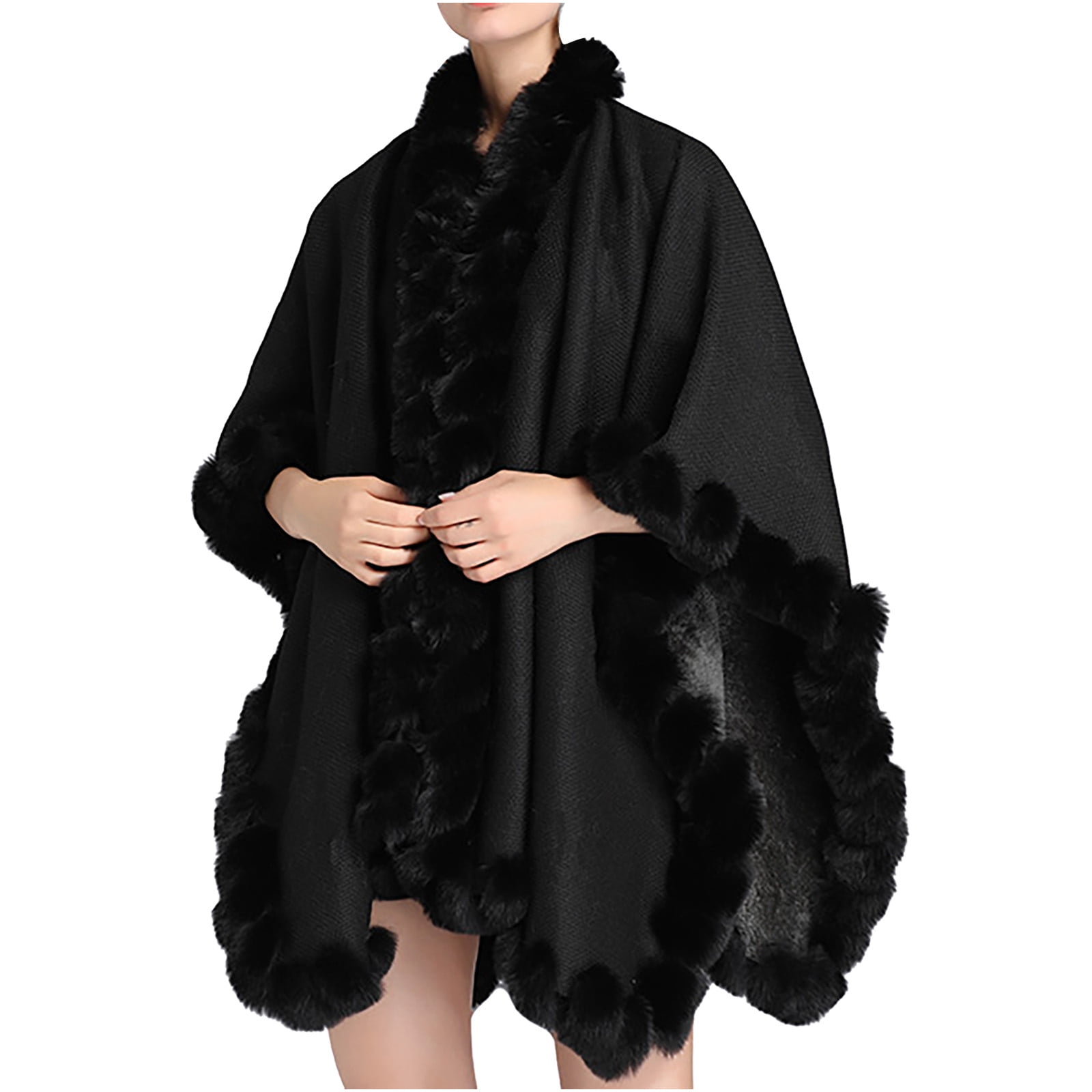 Xfvqtps Women Cape Faux Fur Collar and Edge Cloak Open Front Solid ...