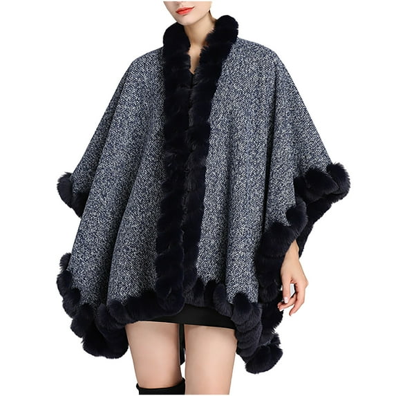 Xfvqtps Women Cape Faux Fur Collar and Edge Cloak Open Front Solid Color Large Size Loose Thickened Windproof Coldproof Warm Winter Long Coat Navy