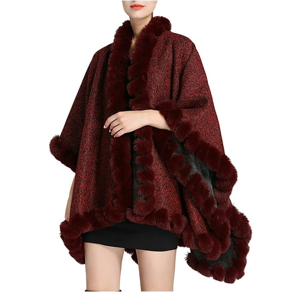 Xfvqtps Women Cape Faux Fur Collar and Edge Cloak Open Front Solid Color Large Size Loose Thickened Windproof Coldproof Warm Winter Long Coat Wine