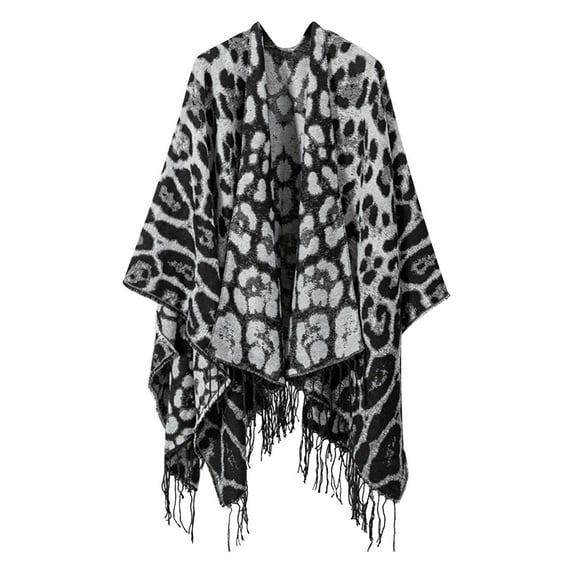 Xfvqtps Women Cape Fringed Hem Tassel Leopard Print Large Size Open Front Classical Warm Loose Windproof Coldproof Warm Winter Shawl Wraps Black