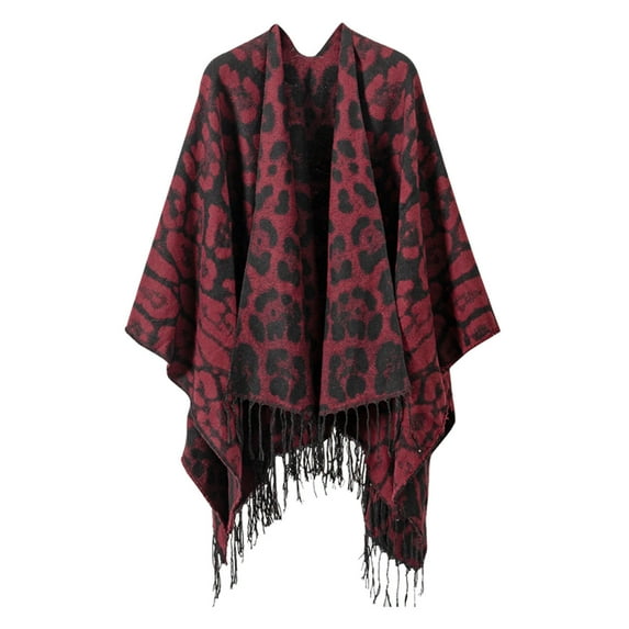 Xfvqtps Women Cape Fringed Hem Tassel Leopard Print Large Size Open Front Classical Warm Loose Windproof Coldproof Warm Winter Shawl Wraps Wine