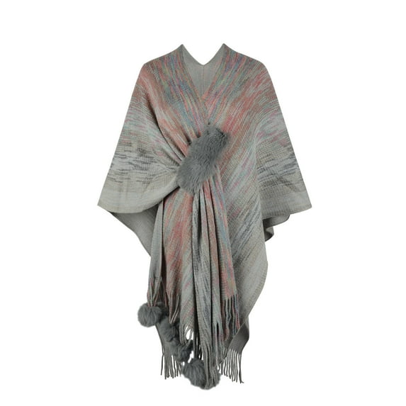 Xfvqtps Women Cape with Hole Mixed Colors Stripe Large Size Open Front Tassel Hem Plush Pompom Classical Warm Loose Windproof Coldproof Warm Winter Shawl Wraps Gray