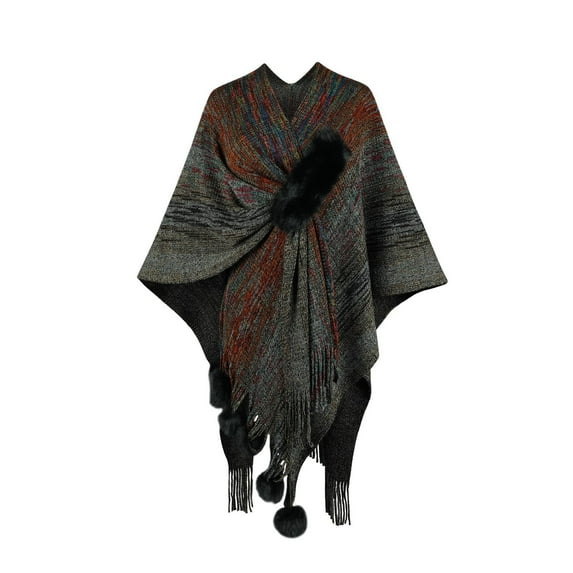 Xfvqtps Women Cape with Hole Mixed Colors Stripe Large Size Open Front Tassel Hem Plush Pompom Classical Warm Loose Windproof Coldproof Warm Winter Shawl Wraps Black