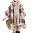 thumbnail image 1 of Xfvqtps Women Cape Plaid Faux Fur Collar and Cuff Tassel Hem Cloak Open Front Classical Large Size Loose Thickened Windproof Coldproof Warm Winter Long Coat Beige, 1 of 1