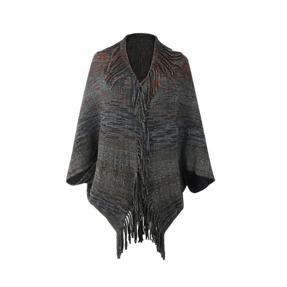 Xfvqtps Women Cape Tassel Collar Fringed Hem Open Front Cloak Colorful Striped Knitting Loose Windproof Coldproof Warm Winter Long Coat Black