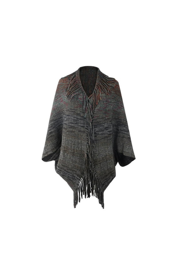 Women Cape Tassel Collar Fringed Hem Open Front Cloak Colorful Striped Knitting Loose Windproof Coldproof Warm Winter Long Coat Black
