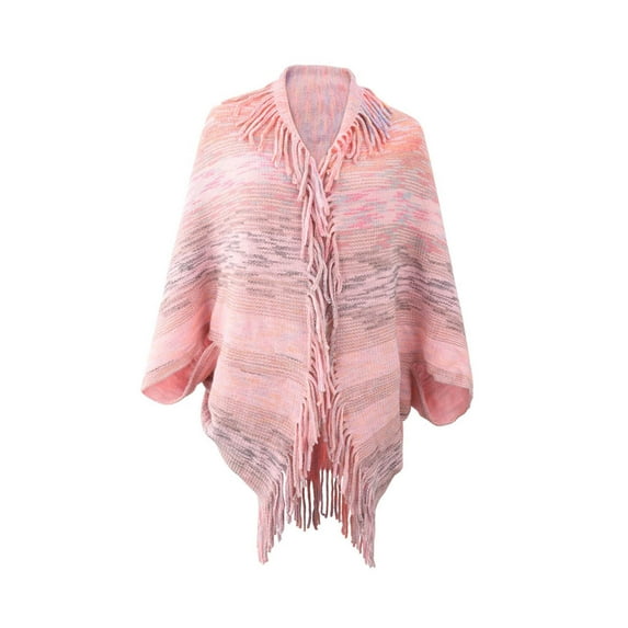 Xfvqtps Women Cape Tassel Collar Fringed Hem Open Front Cloak Colorful Striped Knitting Loose Windproof Coldproof Warm Winter Long Coat Pink