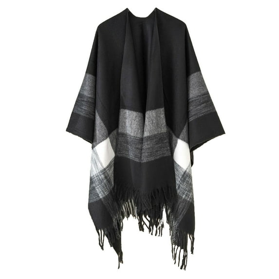 Xfvqtps Women Cape Tassels Plaid Printing Classical Wool Thickened Warm Loose Windproof Coldproof Warm Winter Cardigan Shawl Wraps Black
