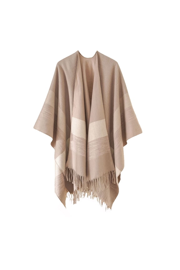 Women Cape Tassels Plaid Printing Classical Wool Thickened Warm Loose Windproof Coldproof Warm Winter Cardigan Shawl Wraps Coffee