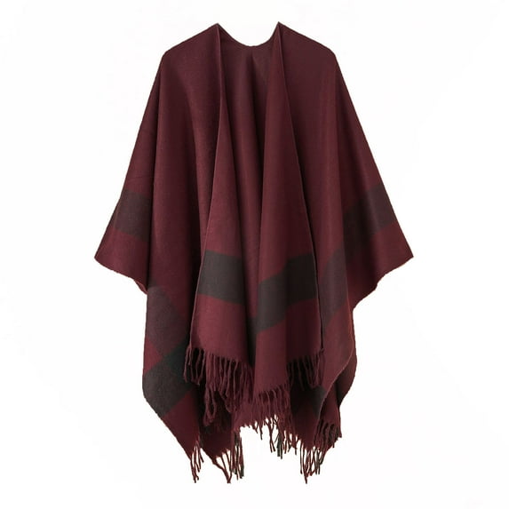 Xfvqtps Women Cape Tassels Plaid Printing Classical Wool Thickened Warm Loose Windproof Coldproof Warm Winter Cardigan Shawl Wraps Red