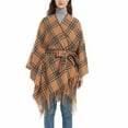 thumbnail image 1 of Xfvqtps Women Cape with Belt Color Blocking Irregular Plaid Pattern Knitting Warm Loose Windproof Coldproof Warm Winter Long Coat Orange, 1 of 9