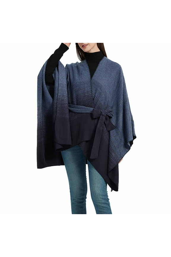 Women Cape with Belt Gradient Color Irregular Knitting Warm Loose Windproof Coldproof Warm Winter Long Coat Navy