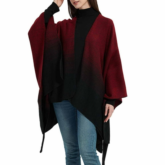 Xfvqtps Women Cape with Belt Gradient Color Irregular Knitting Warm Loose Windproof Coldproof Warm Winter Long Coat Red