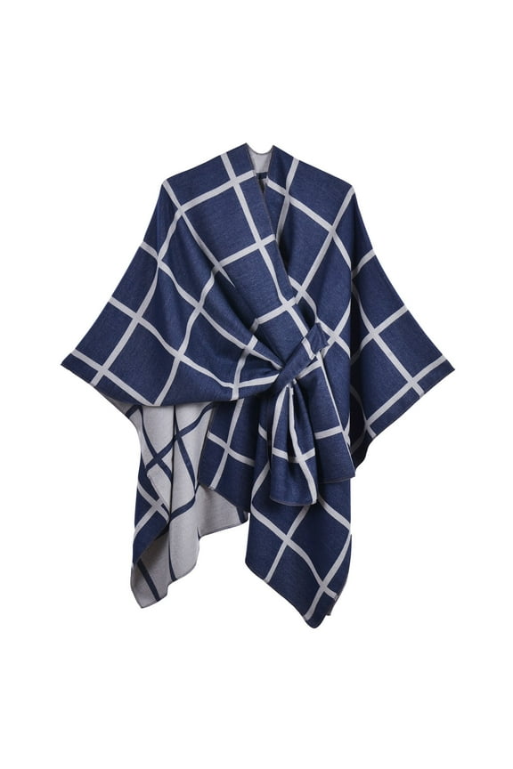 Women Cape with Hole Solid Color Plaid Simplicity Open Front Large Size Classical Loose Windproof Coldproof Warm Fall Winter Shawl Wraps Navy