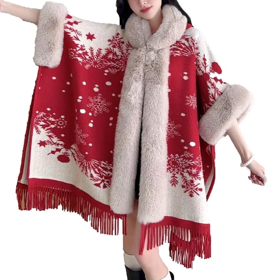 Xfvqtps Women Christmas Red Cape Faux Fur Collar and Cuff Tassel Hem Cloak Open Front Snowflake Print Large Size Loose Thickened Windproof Coldproof Warm Winter Long Coat Red