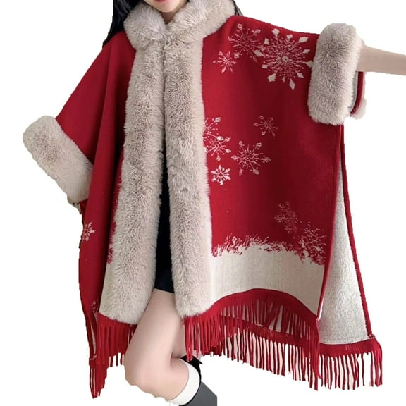 Xfvqtps Women Christmas Red Cape Faux Fur Collar and Cuff Tassel Hem Cloak Open Front Snowflake Print Large Size Loose Thickened Windproof Coldproof Warm Winter Long Coat Red