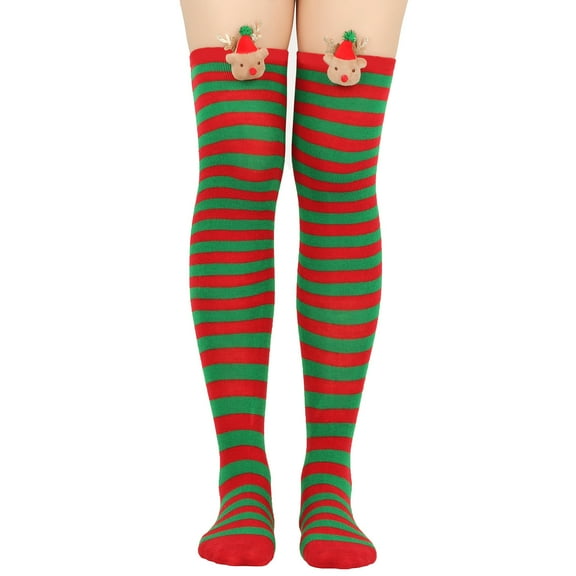 Xfvqtps Women Christmas Thigh High Socks Over Knee Long Tube Striped Cute Elk Deer Glitter Christmas Party Accessories Christmas Socks Army Green-01