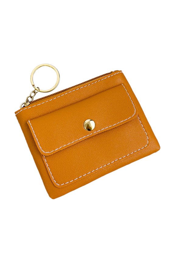 Women Coin Purses Snap Fastener Zip up Solid Color Simplicity Leather Wallet Brown