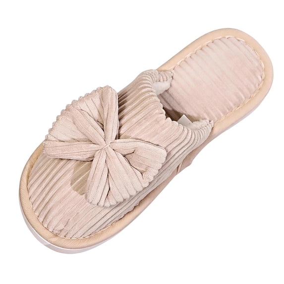 Xfvqtps Women Corduroy Bow Closed Toe Slide Slippers Warm Flat Fall Winter Non Slip House Shoes