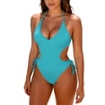thumbnail image 1 of Xfvqtps Women Cutout Monokini One Piece Swimsuit Halter Neck V Neck Backless Tie Back Side Drawstring Lace up Tummy Control Bathing Suit for Beach Light Blue, 1 of 9