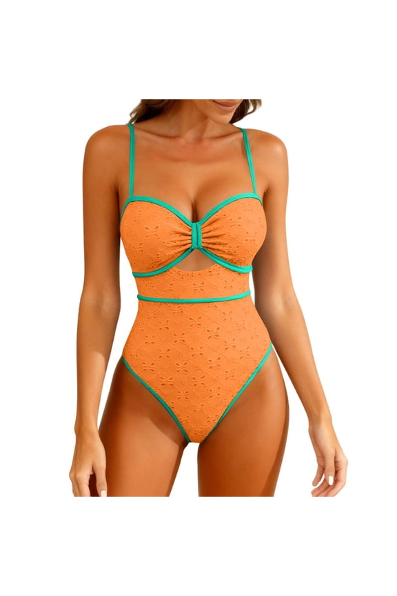 Women Cutout One Piece Swimsuit Sweetheart Neckline Ruched Embroidery Tummy Control Bathing Suit for Beach Orange