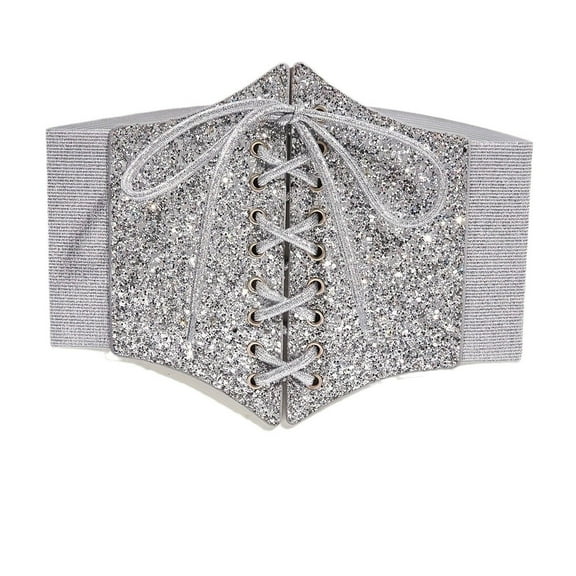 Xfvqtps Women Elastic Corset Waist Fine Glitter Belt Lace up Tied Corset Belts for Dress Halloween Silver