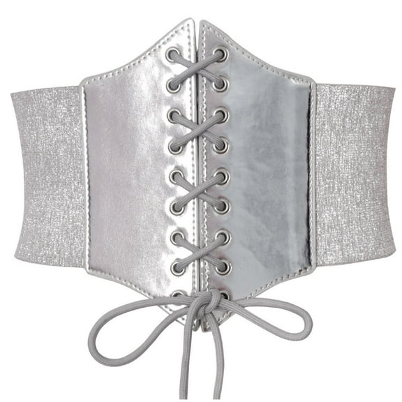 Xfvqtps Women Elastic Corset Waist Fine Glitter Belt Lace up Tied Corset Belts for Dress Halloween Silver
